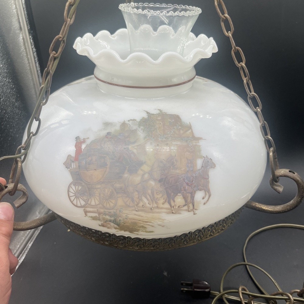 Vtg Aladdin Electric Milk Glass Library Hanging Lamp Chandelier 10" Stagecoach - Picture 16 of 16